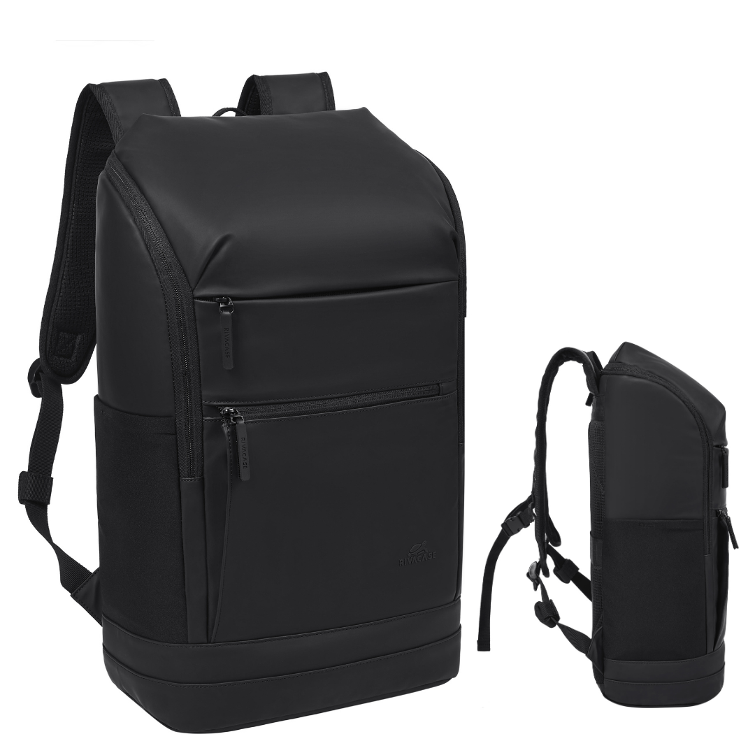 Front view of Rivacase Eden 7856 Olive Green ECO Urban Backpack with dual zippered pockets and sleek waterproof finish