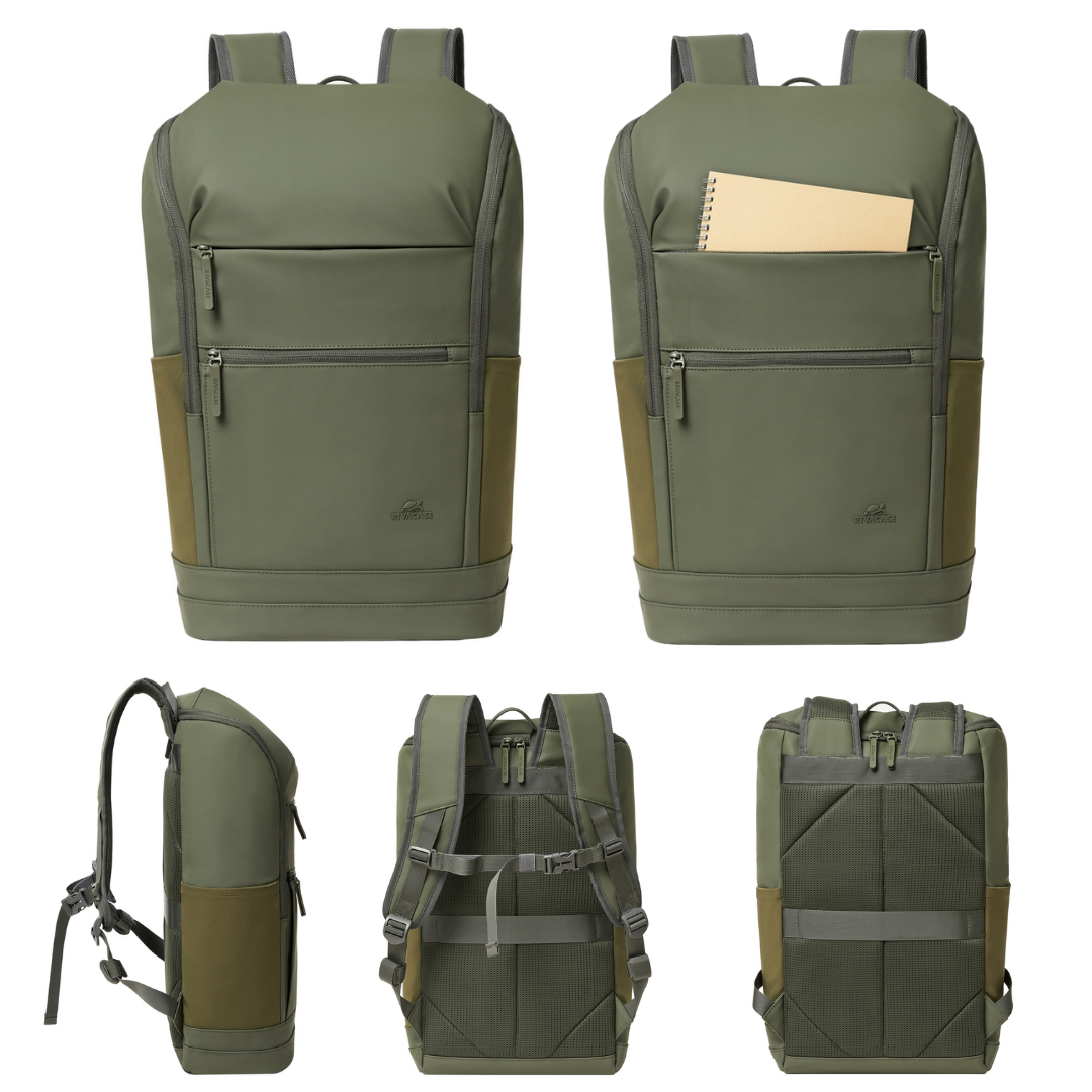 Back of Rivacase Eden 7856 backpack showing padded shoulder straps, sternum strap, and trolley sleeve