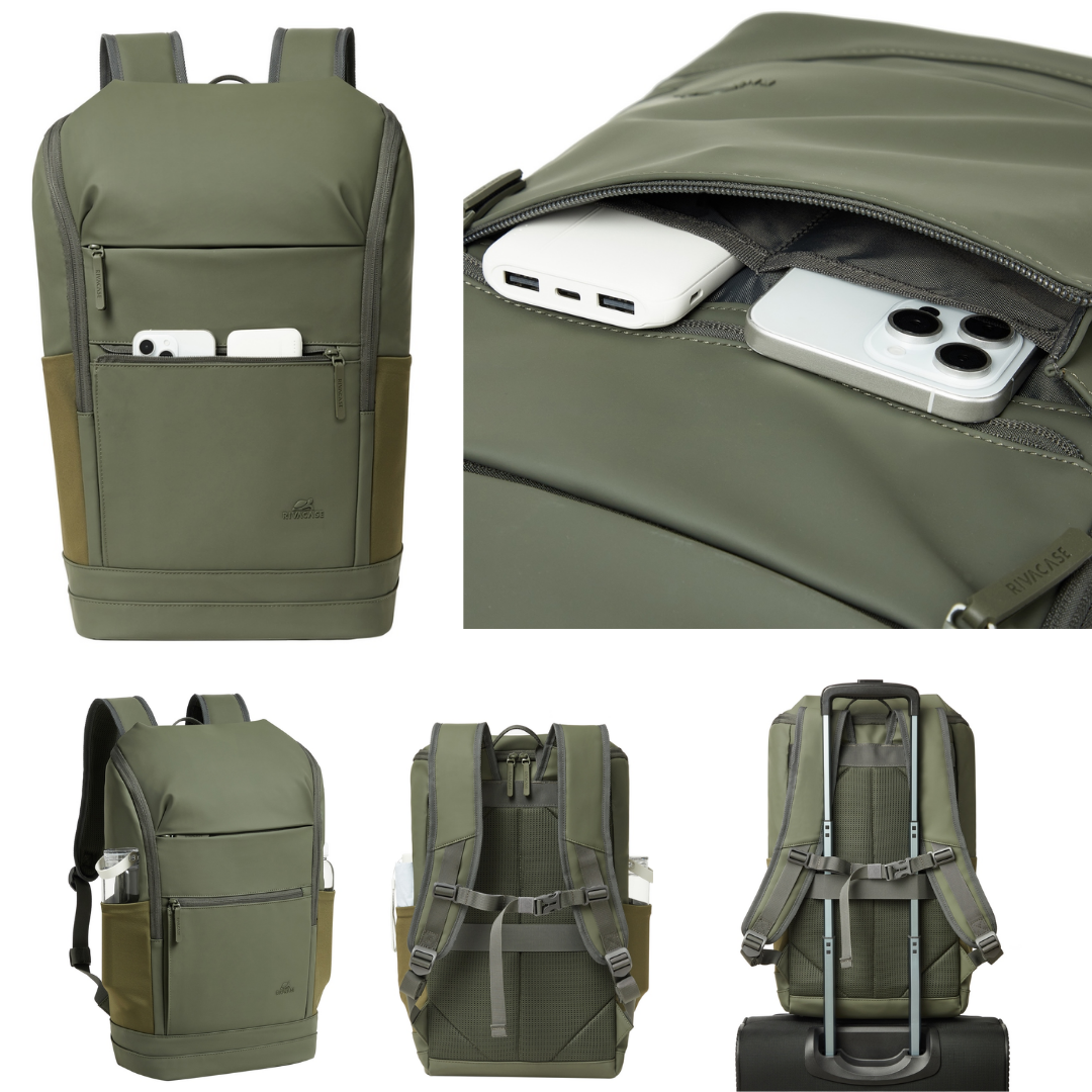 Back of Rivacase Eden 7856 backpack showing padded shoulder straps, sternum strap, and trolley sleeve