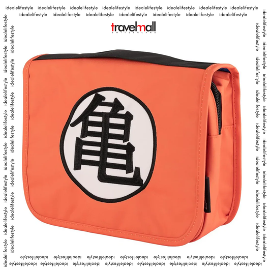 Dragon Ball Z Kame Toiletry Organizer Bag – Orange foldable travel storage pouch with Goku’s symbol, built-in hook, mesh pockets & zippered compartments.