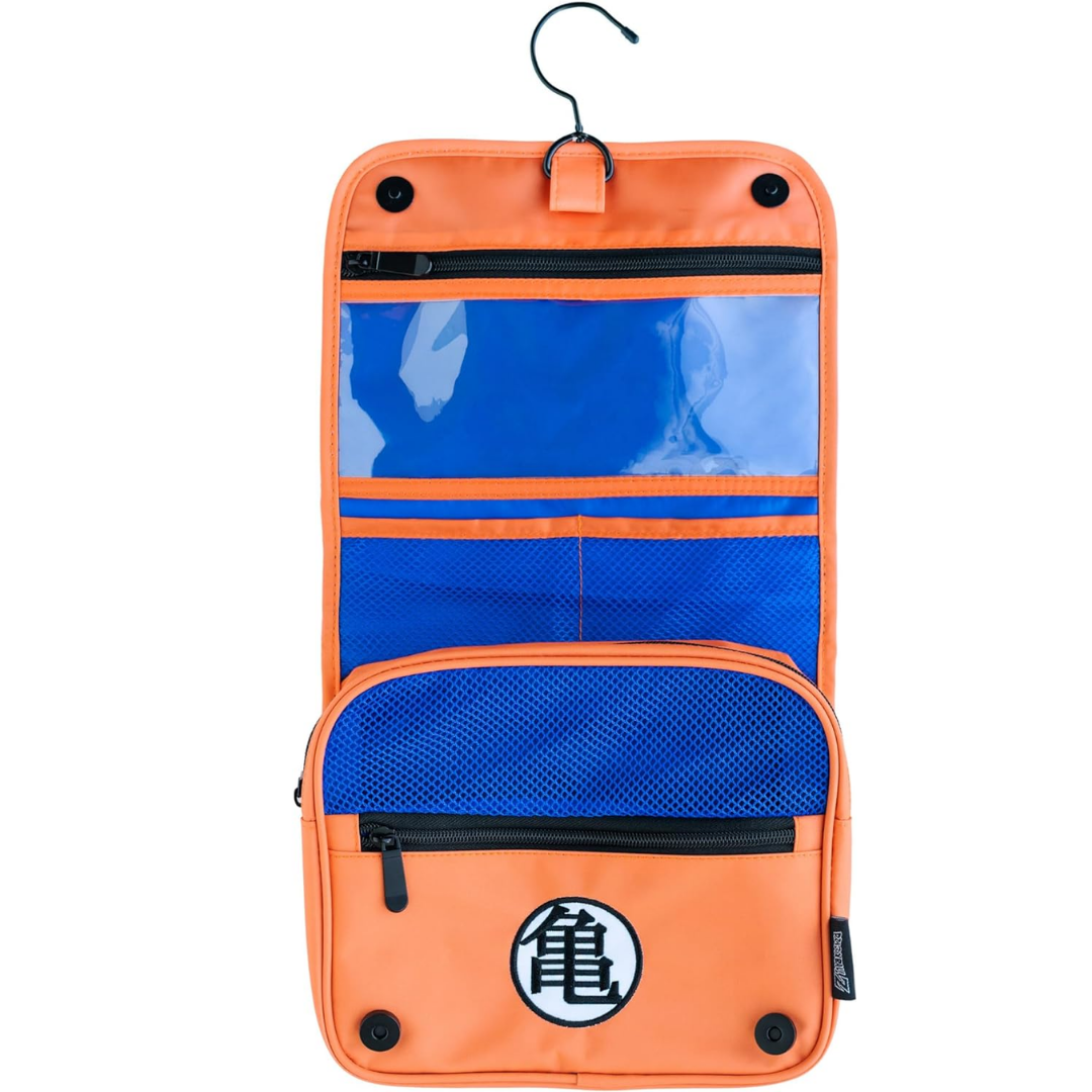 Dragon Ball Z Kame Toiletry Organizer Bag – Orange foldable travel storage pouch with Goku’s symbol, built-in hook, mesh pockets & zippered compartments.