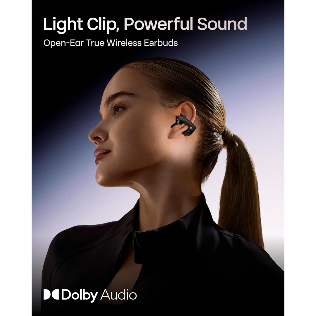 Woman lifting weights with Shokz OpenDots ONE open-ear earbuds
