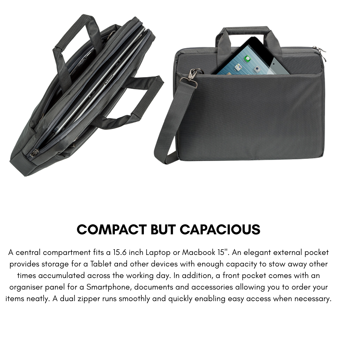 Rivacase Central 8231 Laptop Bag 15.6" Black | Water Resistant Padded Notebook Bag | Compatible MacBook Pro 15, Tablet Pocket
