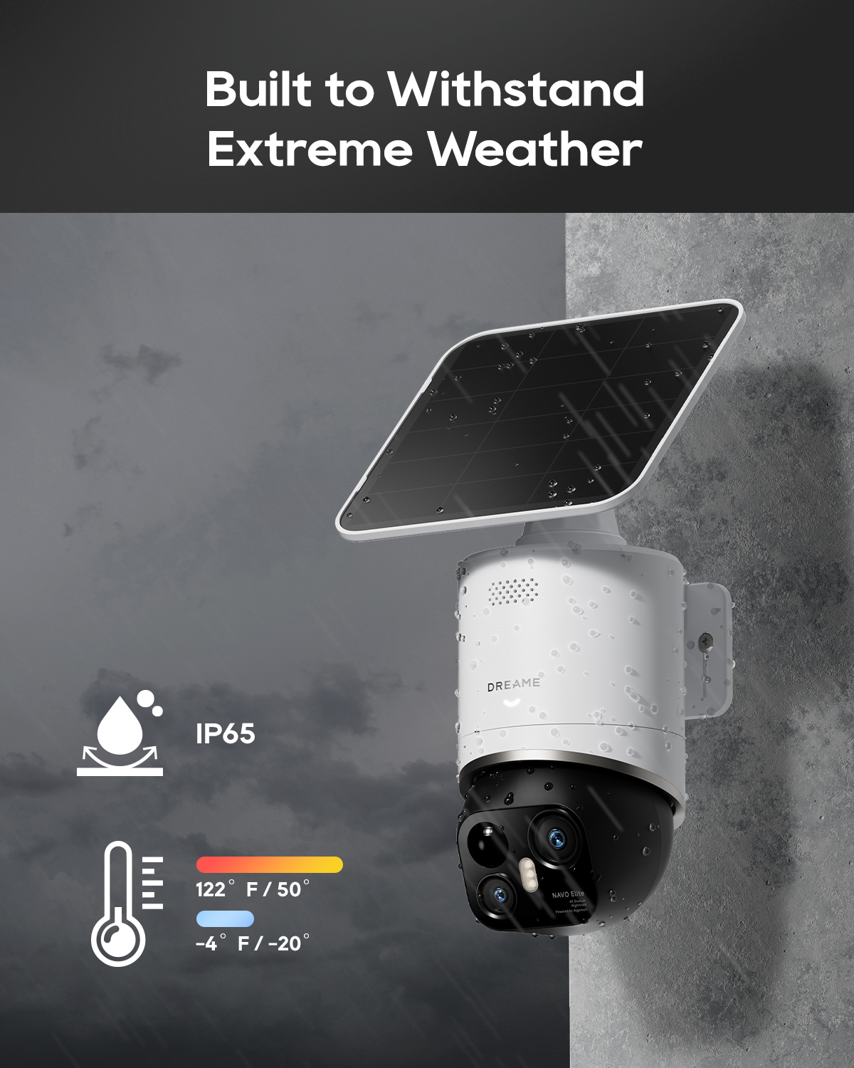 Dreame NAVO Elite 1 OutCam 4K Dual Lens Outdoor Security Camera IPX7 Waterproof Solar Powered AI Human Tracking WiFi Camera Night Vision