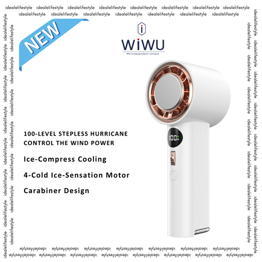 Promotional image for the WiWU handheld fan featuring a bladeless circular design with a digital display. The fan highlights features such as 100-level stepless hurricane wind control, ice-compress cooling, a 4-cold ice-sensation motor, and a carabiner design. The product is labeled as "NEW" and the background includes repeated "idealelifestyle" branding.