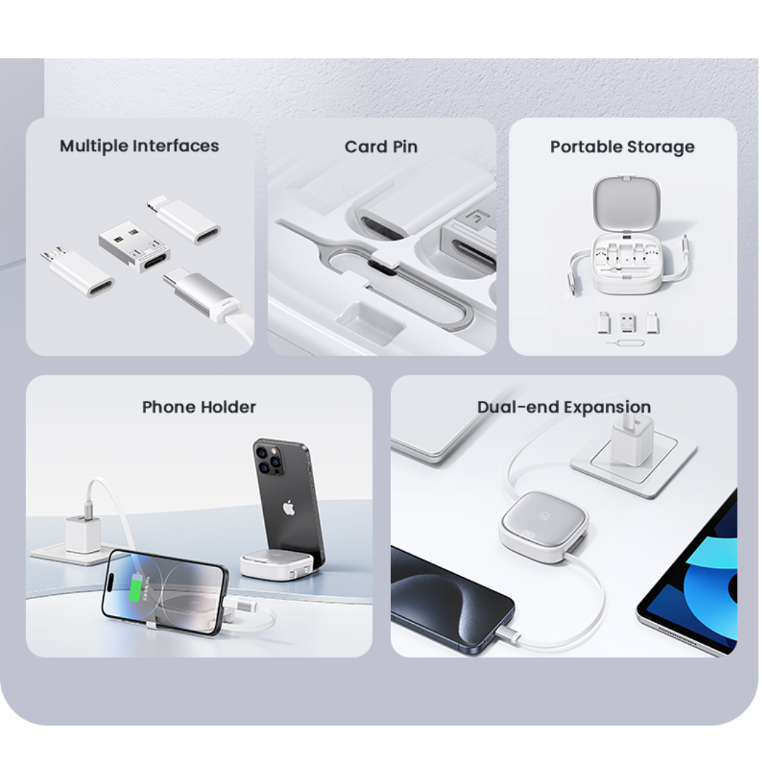 Inside view of USAMS U87 multifunctional storage box showing 6-in-1 charging cable and adapters
