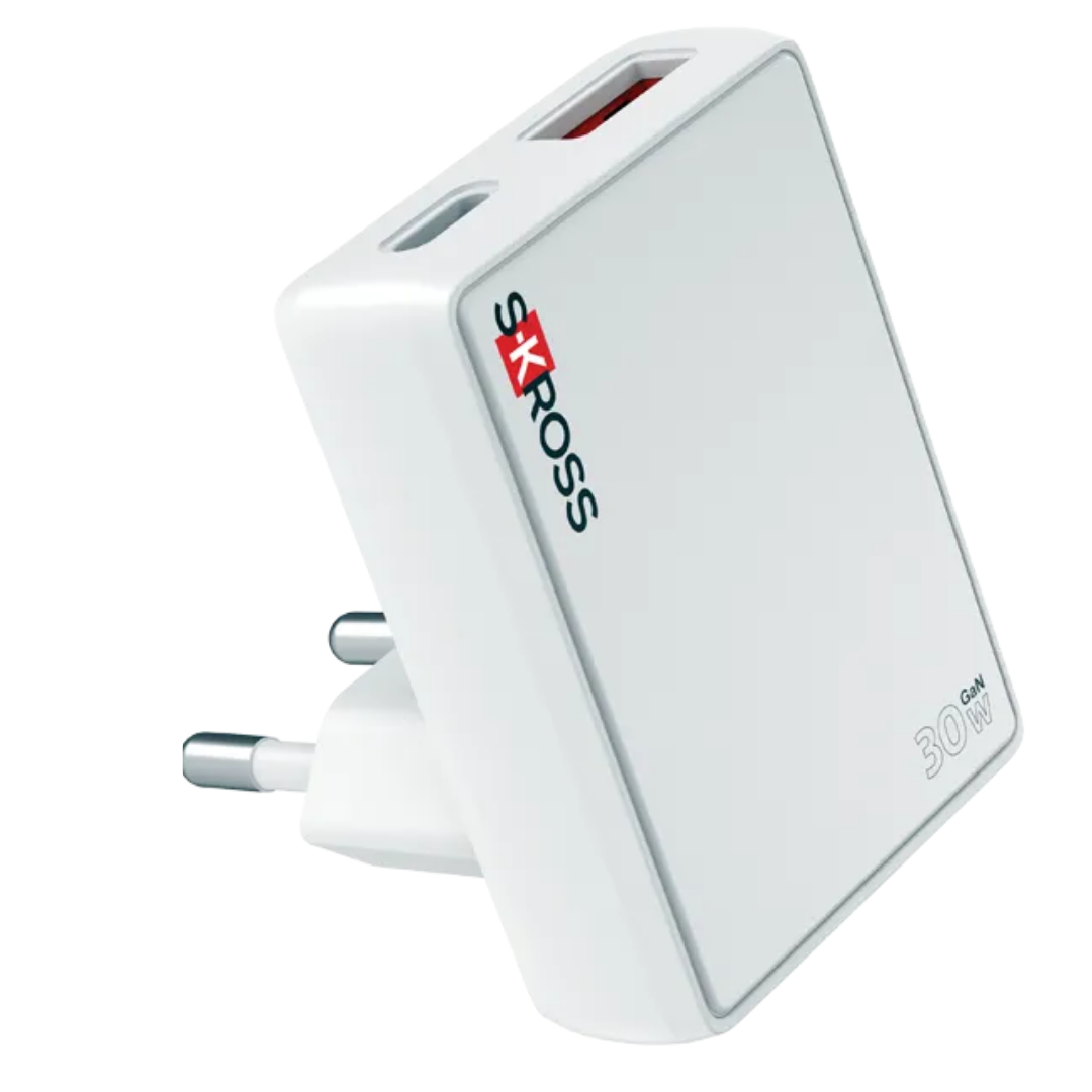 SKROSS Slim Europe GaN Fast Wall Charger 30W | Dual Port USB-C PD & USB-A Ultra-Thin Euro Plug