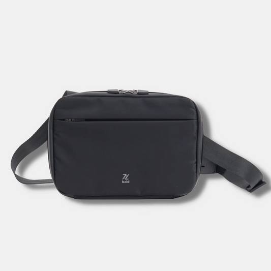 7L Bold Essential Sling Tech Organizer Pouch in black with front zip pocket and adjustable sling strap, designed for organizing tech accessories and daily essentials.