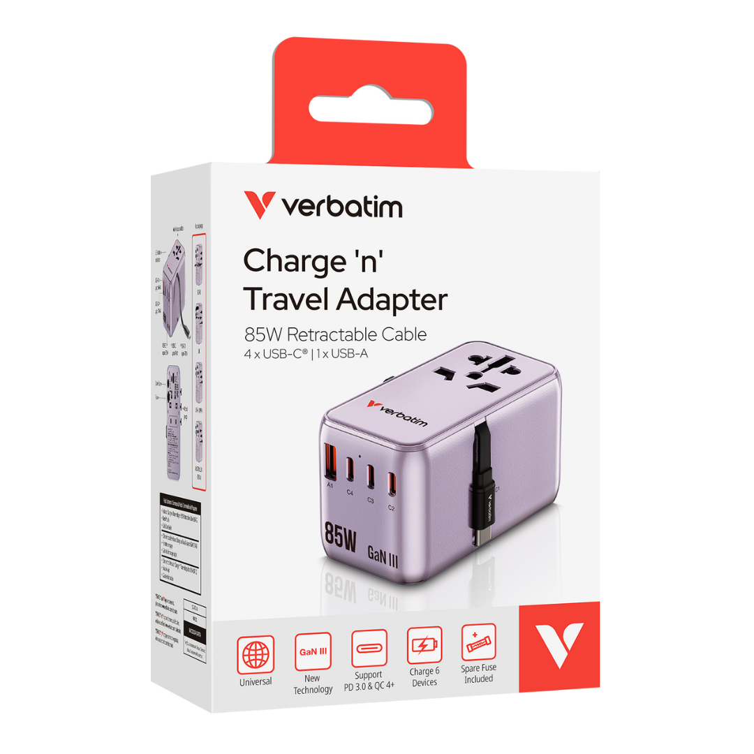 Verbatim 85W GaN III Universal Travel Adapter | 5-Port + AC Socket 6-in-1 Charger | Built-in 75cm Retractable USB-C 70W Cable | PD 3.0 PPS & QC 4+ Fast Charge | 10A Fuse & Travel Pouch | International Plug for UK EU US AU