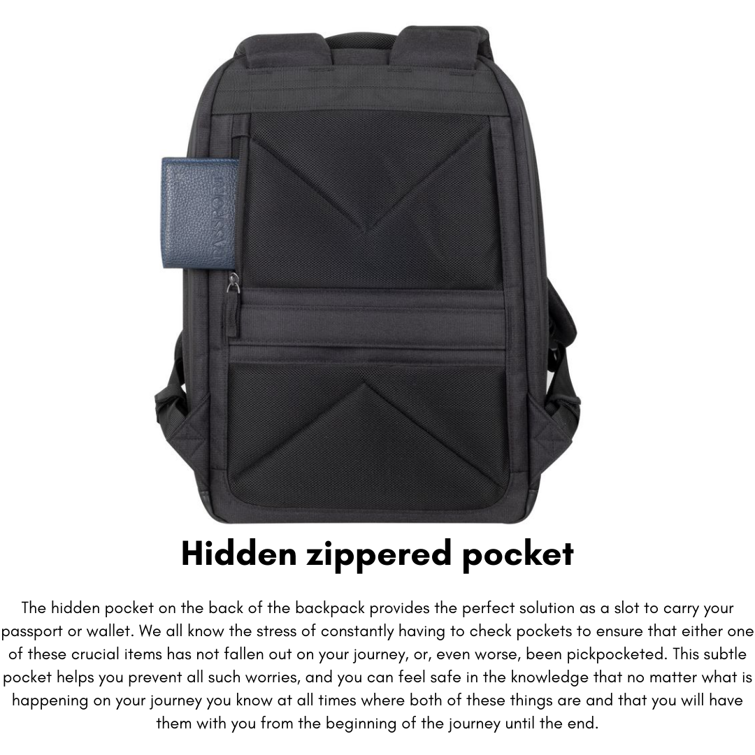 Hidden rear security pocket for wallet and passport