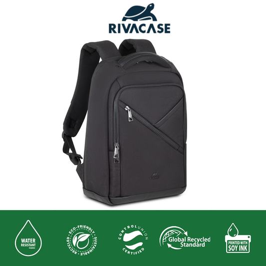Front view of Rivacase Clark 8126 ECO backpack in black color for 14-inch laptops