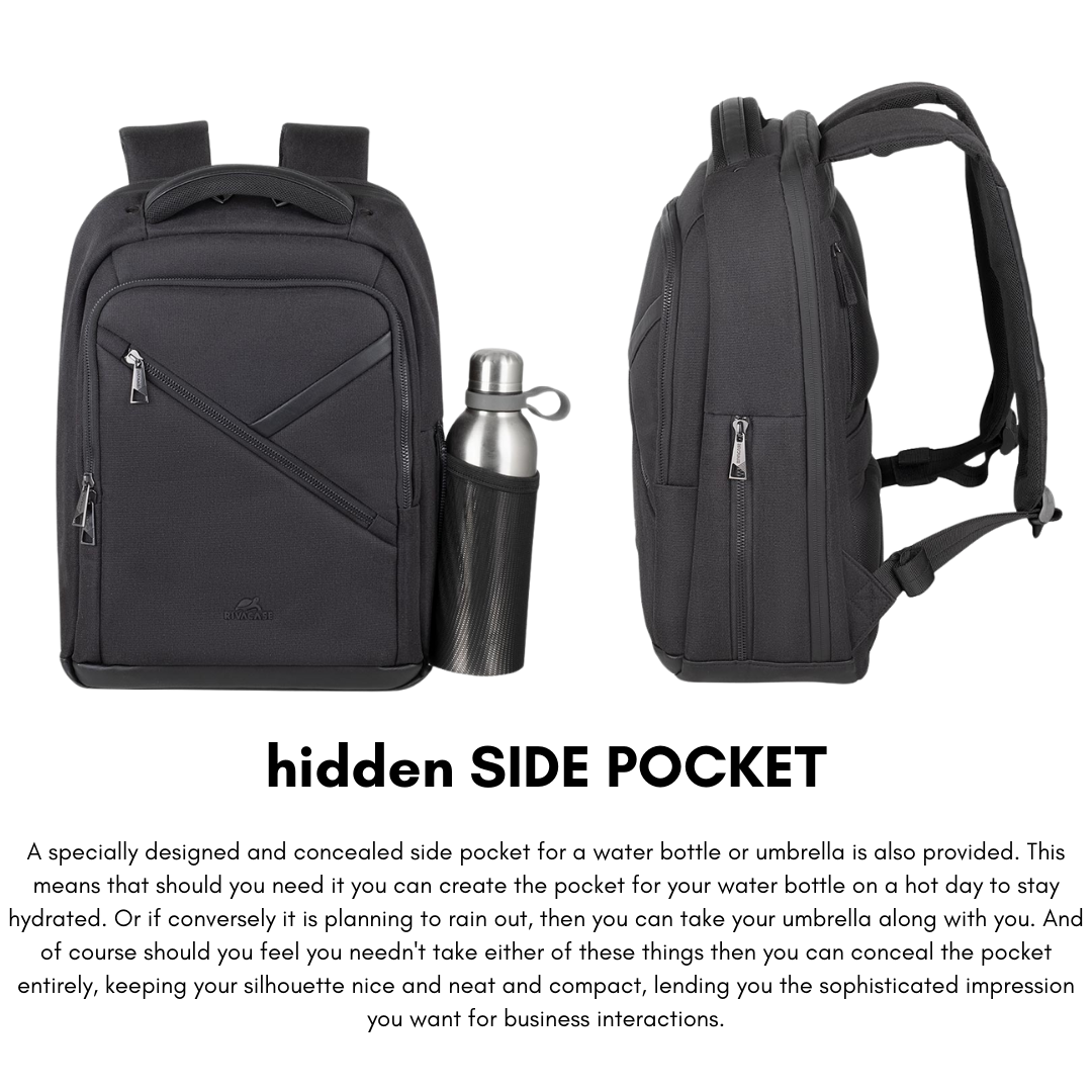 Concealed water bottle holder on the side of the backpack