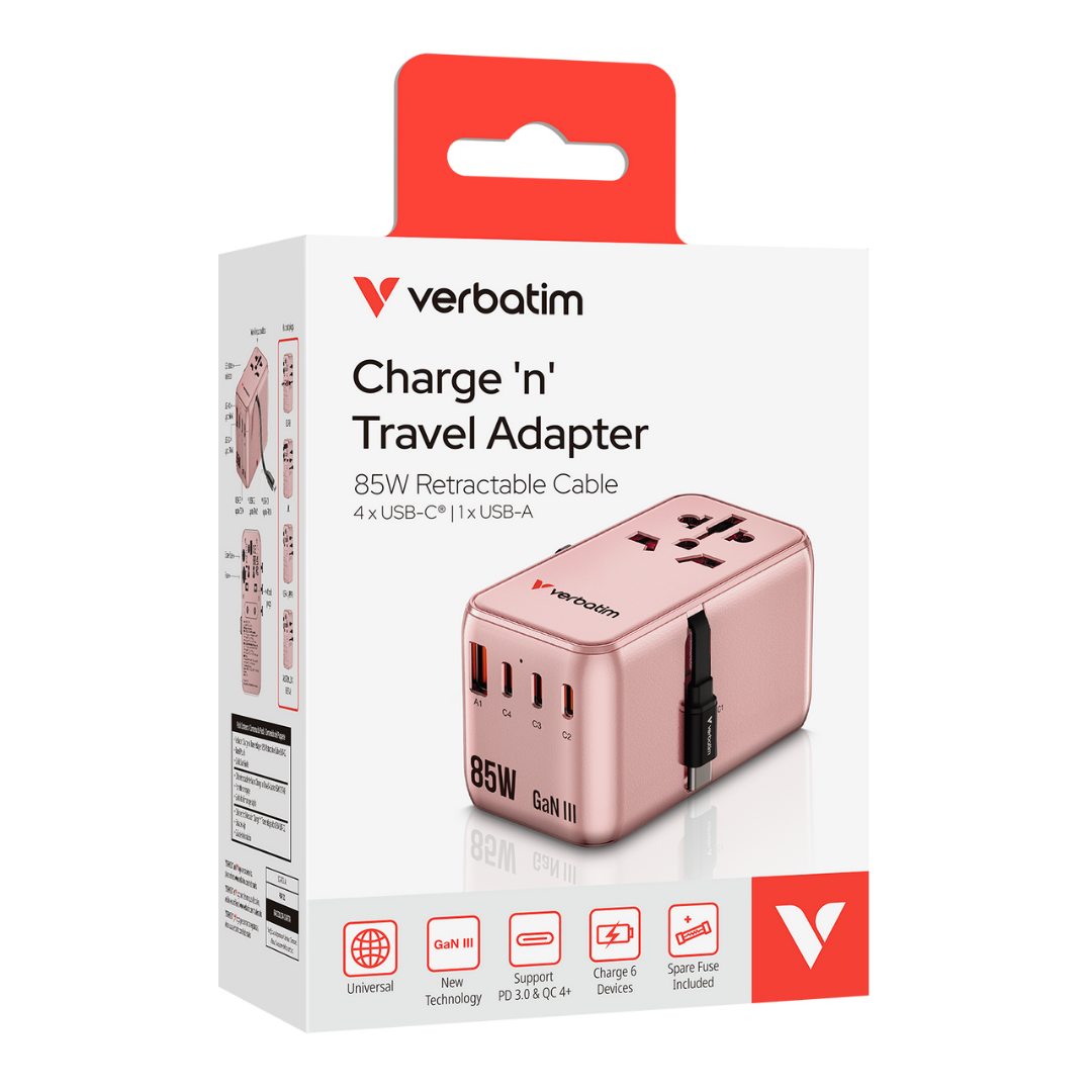 Verbatim 85W GaN III Universal Travel Adapter | 5-Port + AC Socket 6-in-1 Charger | Built-in 75cm Retractable USB-C 70W Cable | PD 3.0 PPS & QC 4+ Fast Charge | 10A Fuse & Travel Pouch | International Plug for UK EU US AU
