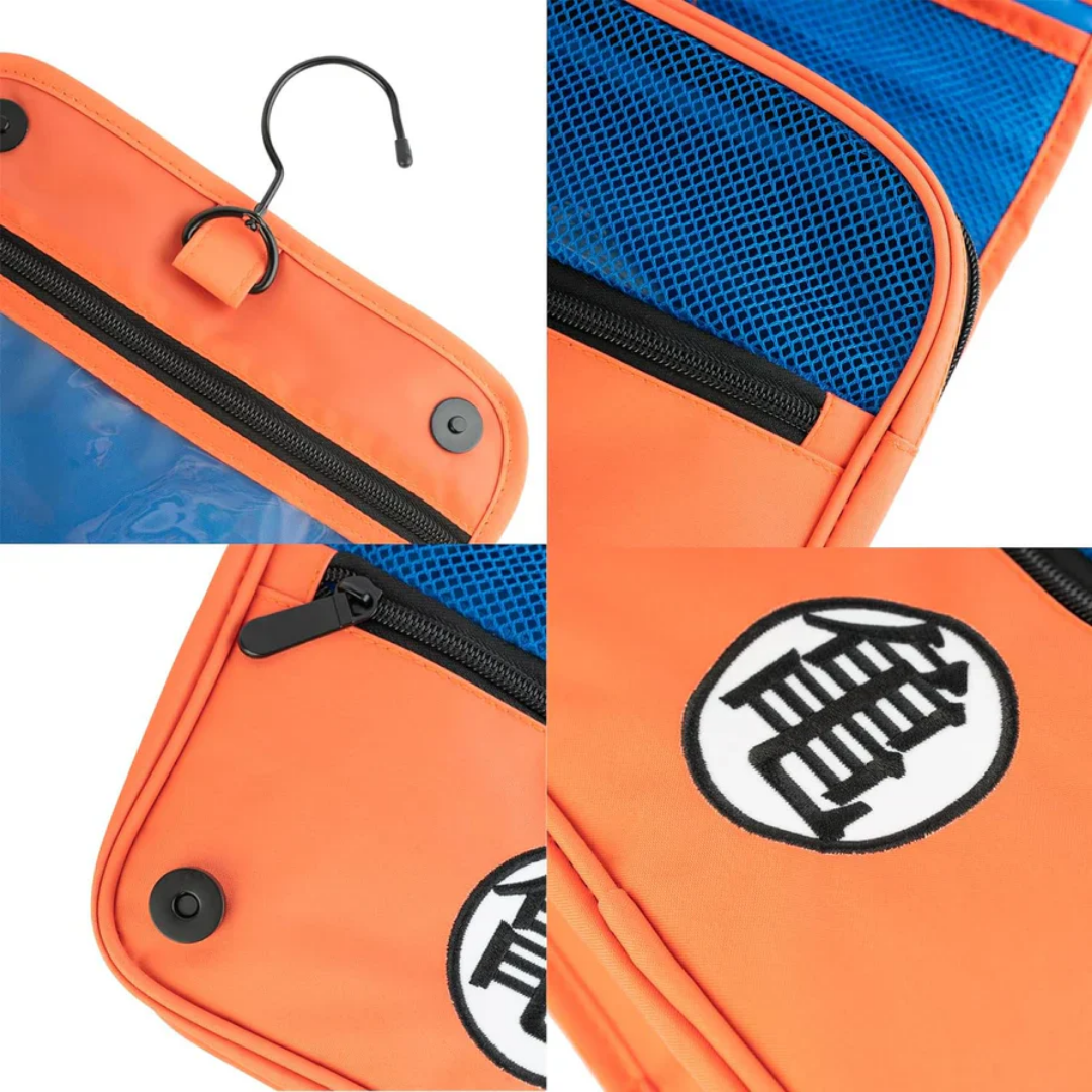 Dragon Ball Z Kame Toiletry Organizer Bag – Orange foldable travel storage pouch with Goku’s symbol, built-in hook, mesh pockets & zippered compartments.