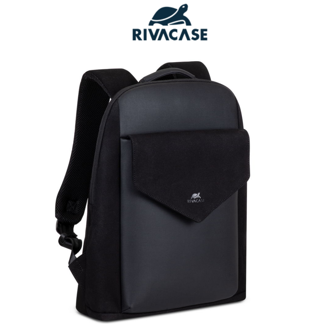 Front view of Rivacase Cardiff 8524 black canvas backpack with anti-theft zipper and elegant faux leather details