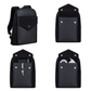 Front view of Rivacase Cardiff 8524 black canvas backpack with anti-theft zipper and elegant faux leather details