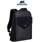 Front view of Rivacase Cardiff 8524 black canvas backpack with anti-theft zipper and elegant faux leather details