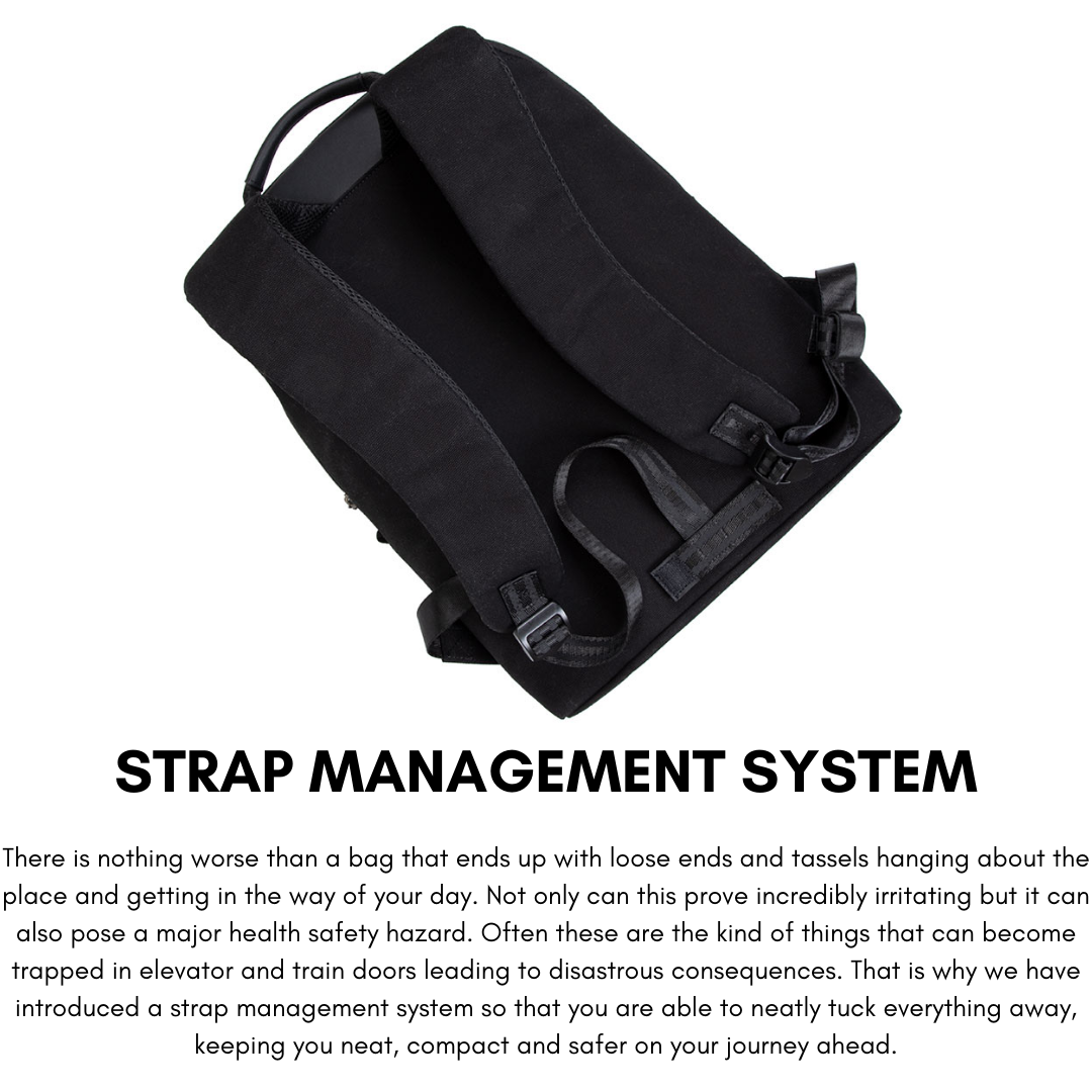 Back view highlighting ergonomic shoulder straps and strap management system

