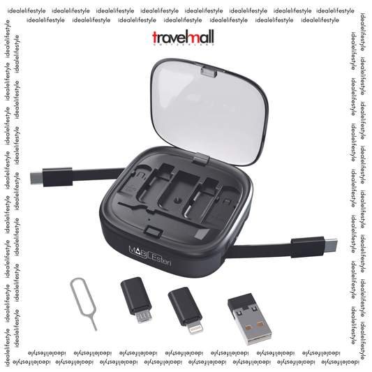 Travelmall Switzerland 8-in-1 Multi-Tool Travel Essential – compact USB-C kit with SIM storage, adapters, retractable cable, and ejector pin.