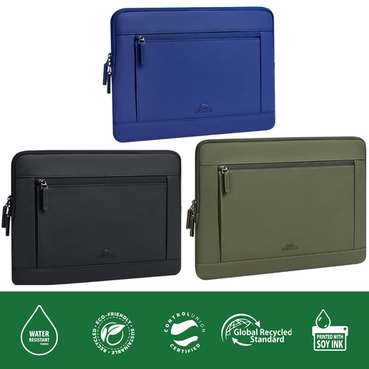RIVACase Eden 7805 Blue Eco-Friendly Laptop Sleeve (15.6"–16") | Sustainable RPET PU & Plush Corner Protection