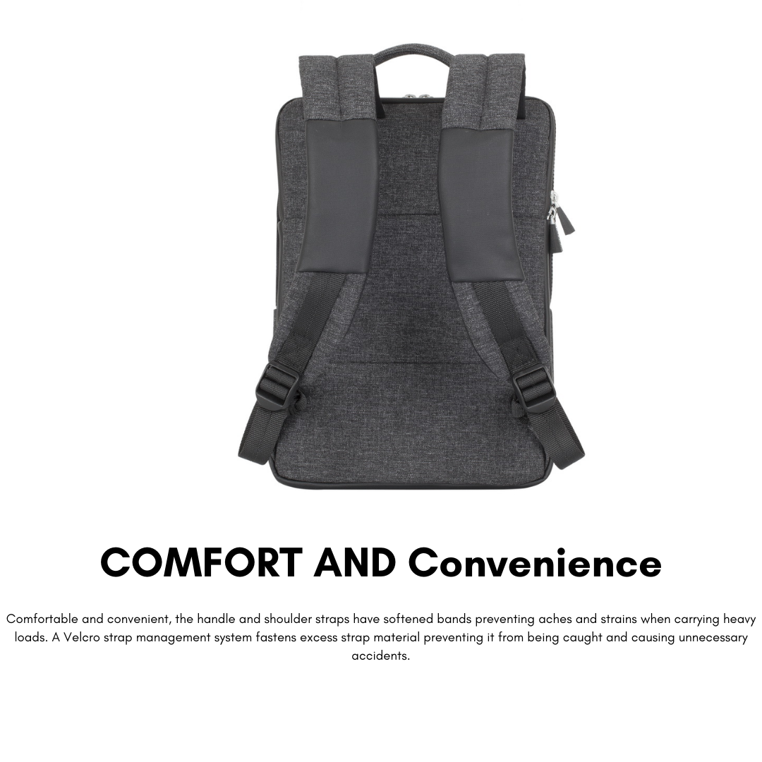 Slim side profile of RIVACASE 8825 RPET backpack for MacBook Pro 13