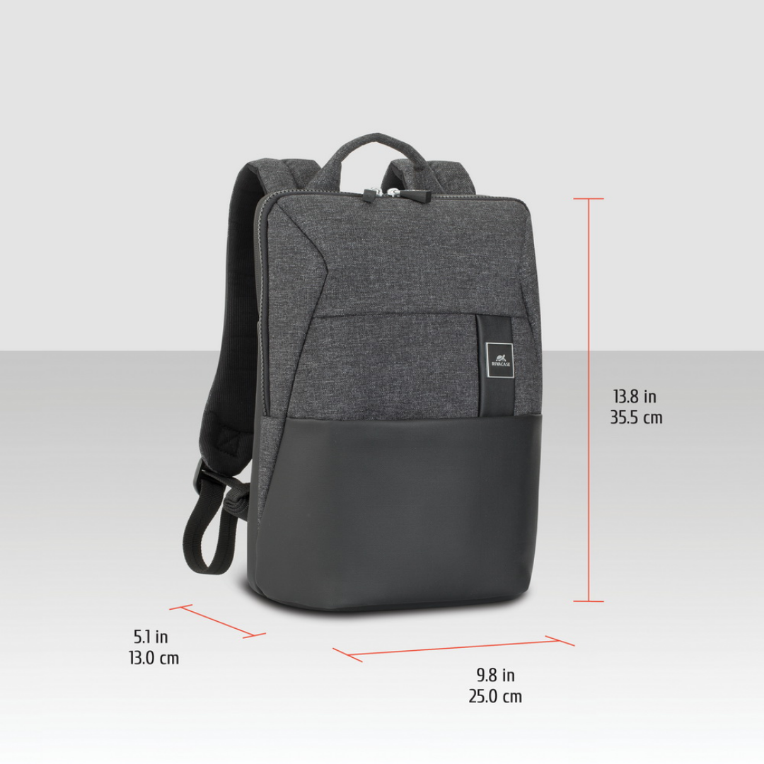 Slim side profile of RIVACASE 8825 RPET backpack for MacBook Pro 13