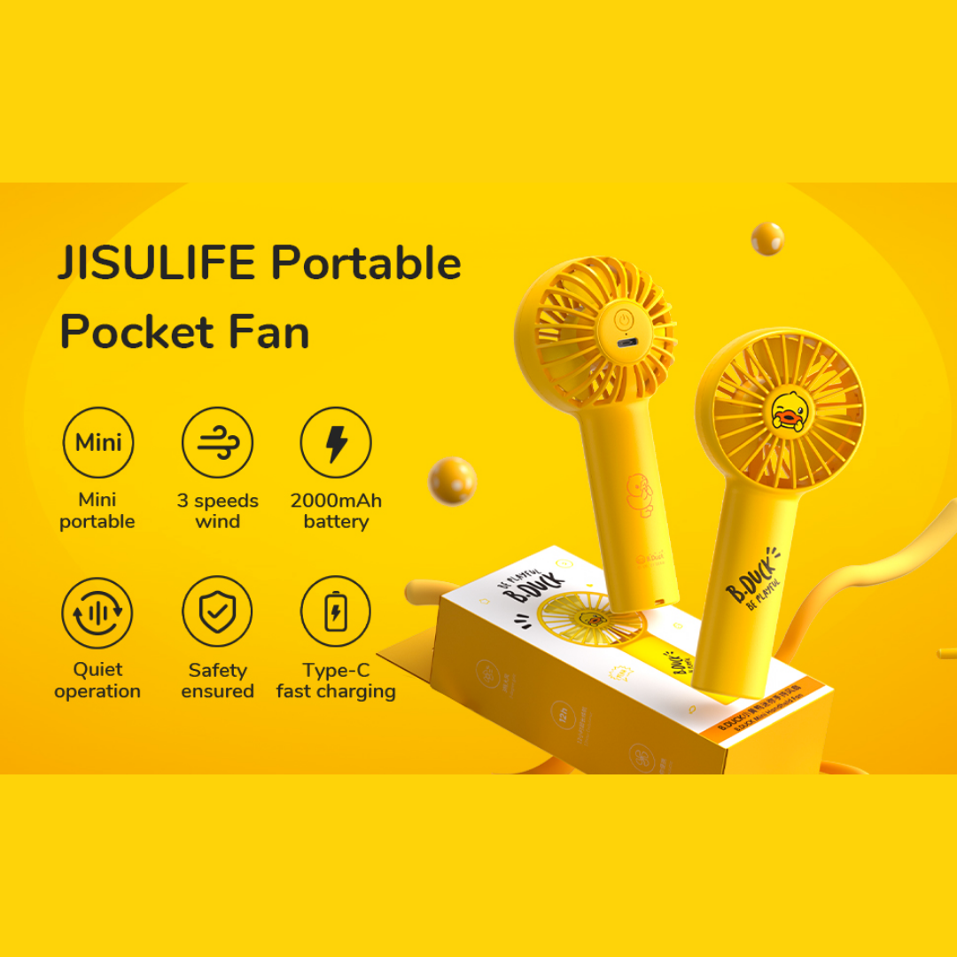 JISULIFE B.Duck F20B Pocket Mini Fan . Mini Fan Battery Operated Handheld Fan with 2000 mAh Battery or USB Powered Personal Mini Fan,3 Speeds,Enhanced Airflow, Rechargeable Quiet Pocket Fan for Home,Outdoor-Duck