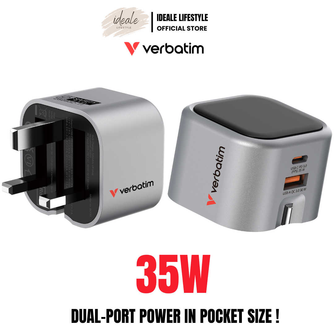 Verbatim GCF35 35W GaN Charger | Dual Port USB-C PD 3.0 & USB-A QC 3.0 | Ultra-Compact Foldable UK Plug | PPS Super Fast Charging for Phones & Tablets - Buy Now!