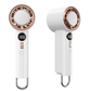 WiWU bladeless handheld fan in white with rose gold accents, featuring a digital display, adjustable speed control, power button, and a built-in metal carabiner for easy carrying. Two views shown: front and side.