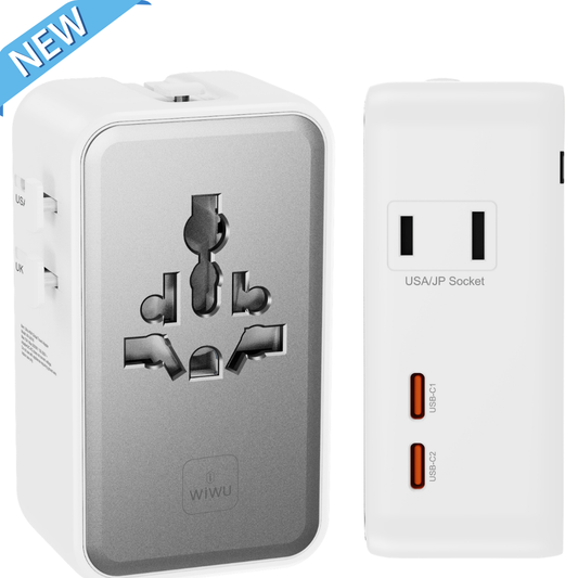 WiWU Wi-UA016 Universal Travel Adapter Charger 45W PD GaN III Fast Charge 2x USB-C 2x USB-A Multi Country Plug 8A Fuse