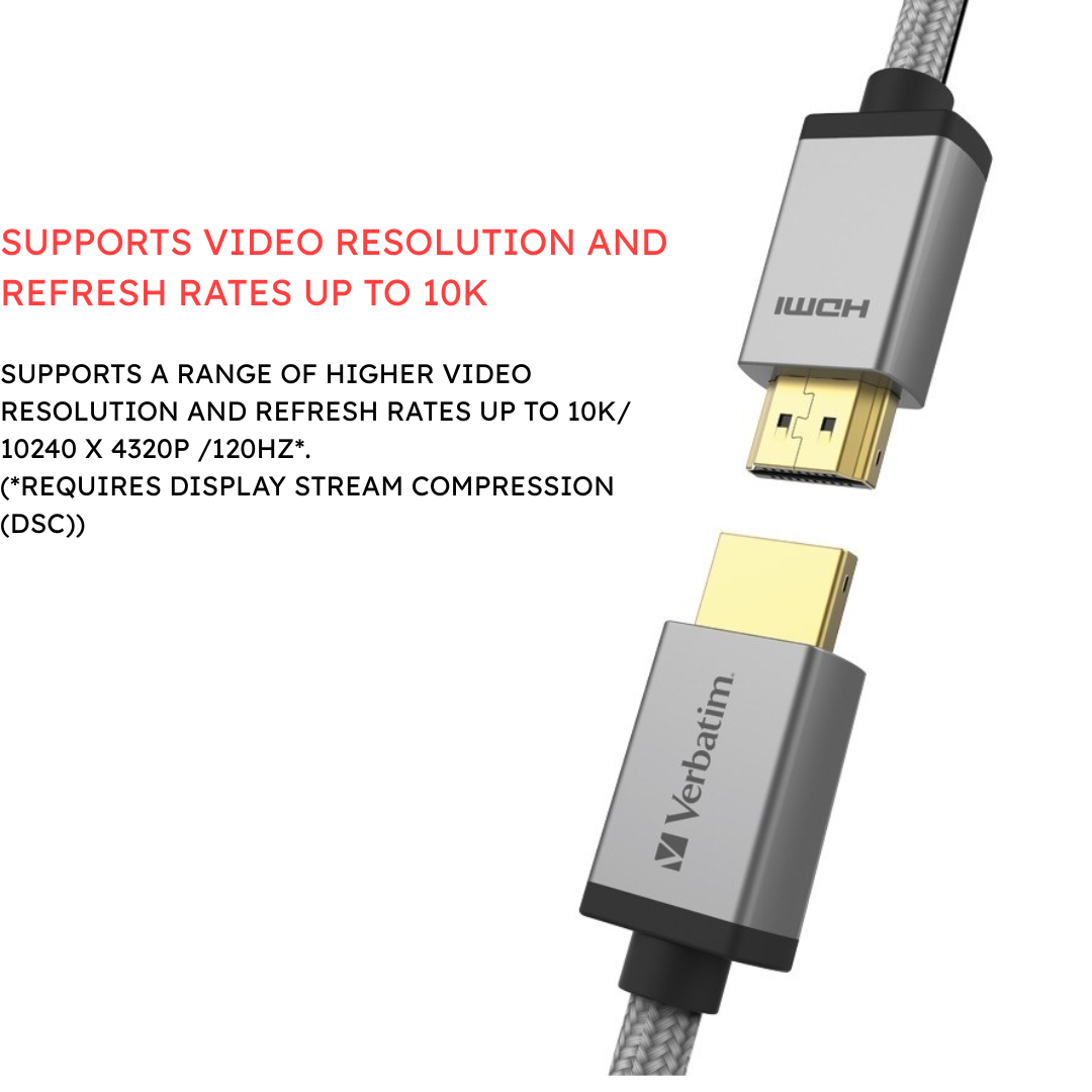 Verbatim HDMI 2.1 Cable 2m | Ultra High Speed 48Gbps | Supports 8K 60Hz, 4K 120Hz, 10K Resolution | Dynamic HDR, eARC, VRR for Pro Gaming Consoles & Home Theater | Gold-Plated Braided Cable