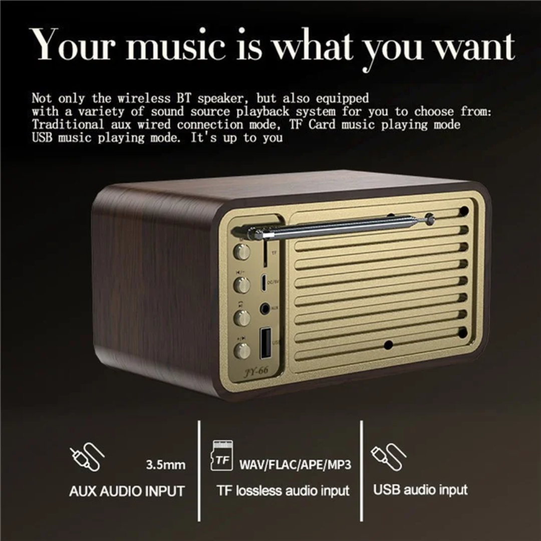 ONEDER JY-66 Retro Wooden Wireless Bluetooth 5.0 Speaker Super Bass Subwoofer FM Radio Support TF Card U Disk Aux In