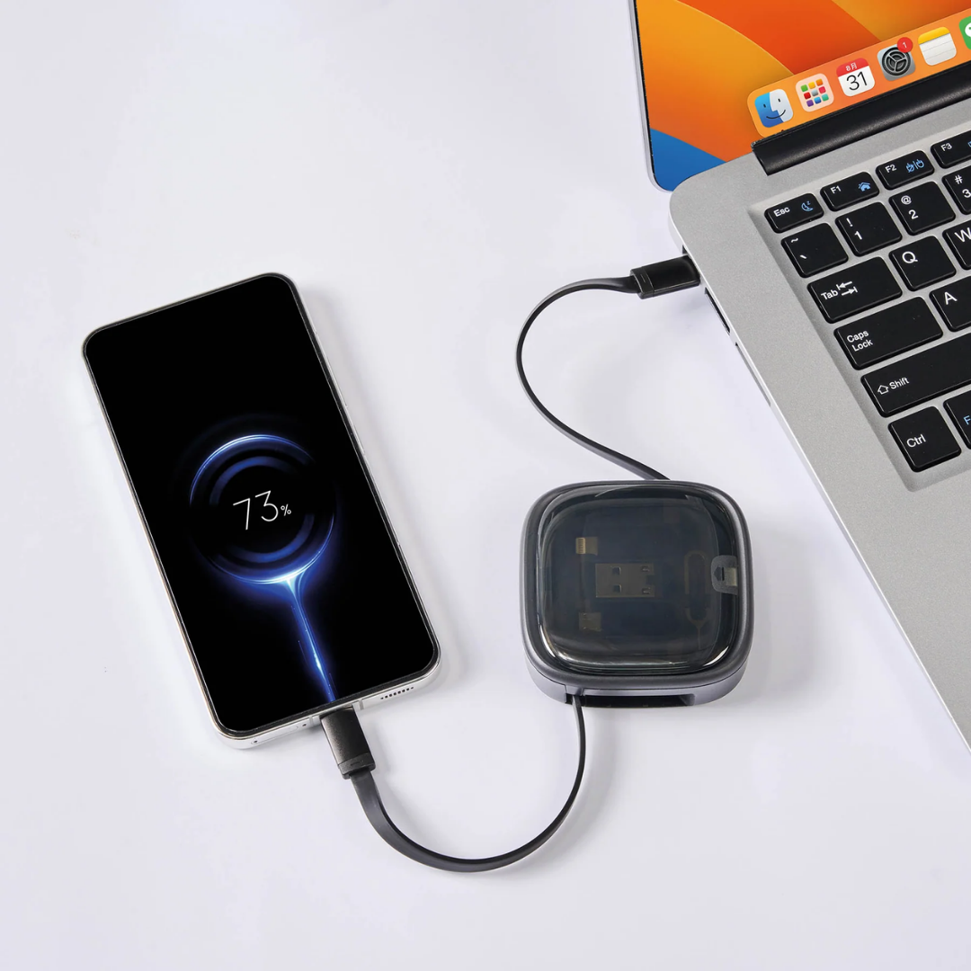 Travelmall Switzerland 8-in-1 Multi-Tool Travel Essential – compact USB-C kit with SIM storage, adapters, retractable cable, and ejector pin.