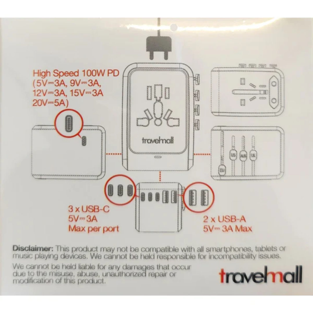 Travelmall GaN 100W PD High Performance 6 USB Travel Adaptor