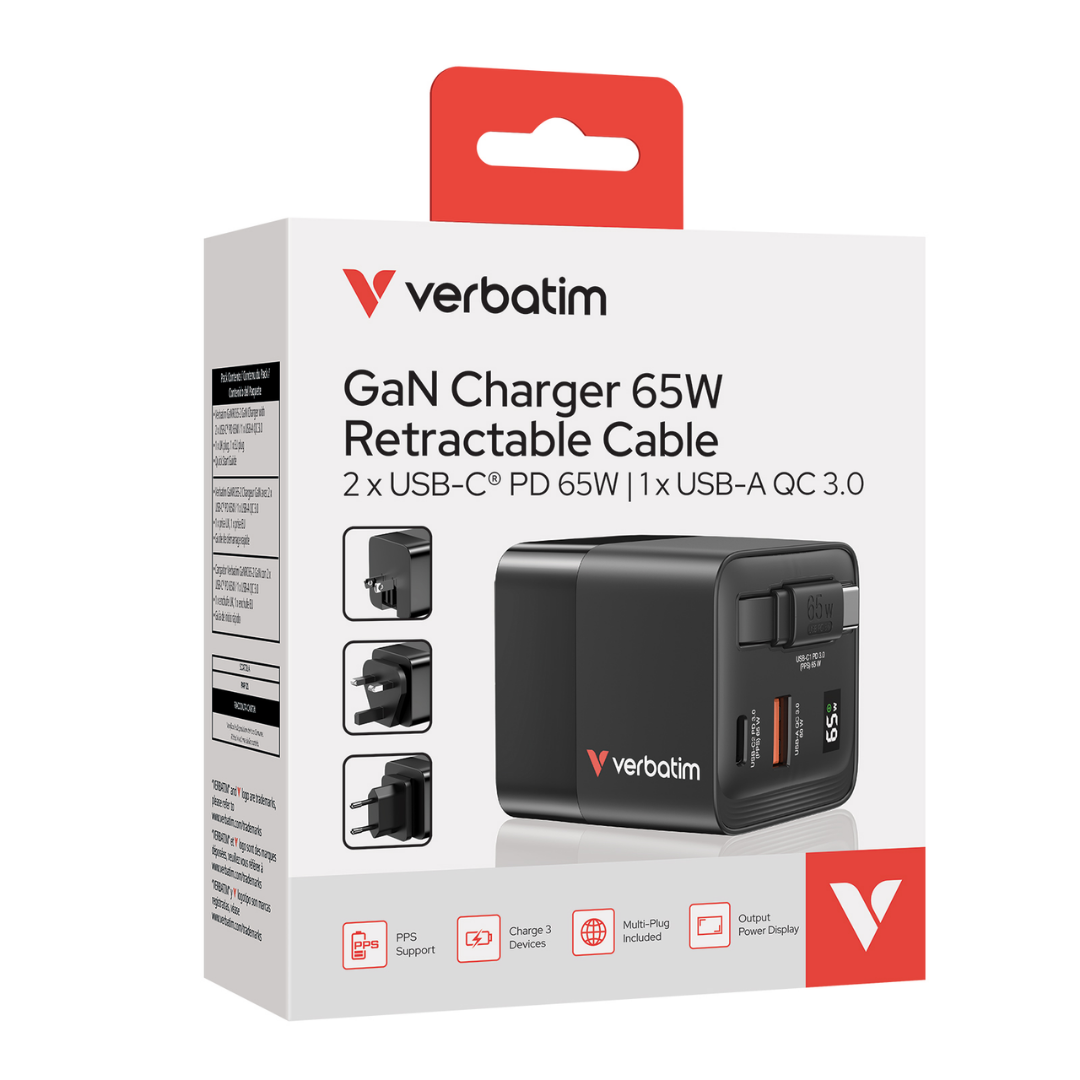 Verbatim 3-Port 65W GaN Wall Charger | Built-in Retractable USB-C PD 65W Cable | LED Real-Time Power Display | PPS & QC 3.0 Fast Charging | International Adapters (UK/EU/US) for Laptops, Tablets & Smartphones
