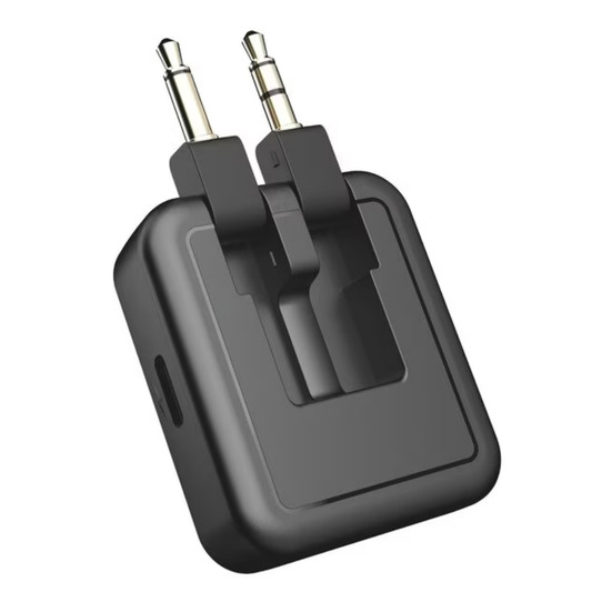 Travelmall 2-in-1 Premium Pro In-Flight Bluetooth Audio Adapter with 3.5mm dual jack, USB-C charging, 14-hour battery life, and dual Bluetooth headphone support.