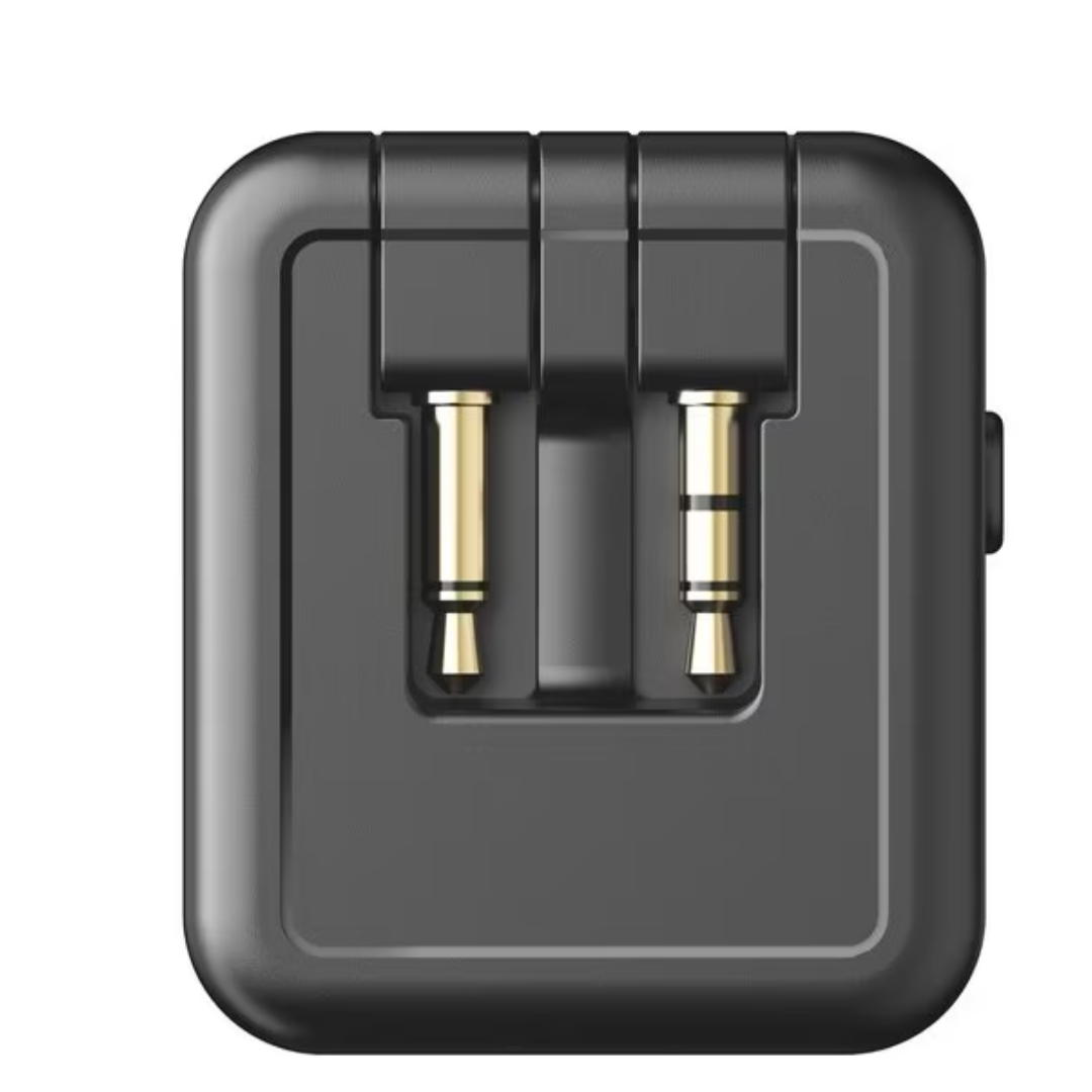 Travelmall 2-in-1 Premium Pro In-Flight Bluetooth Audio Adapter with 3.5mm dual jack, USB-C charging, 14-hour battery life, and dual Bluetooth headphone support.
