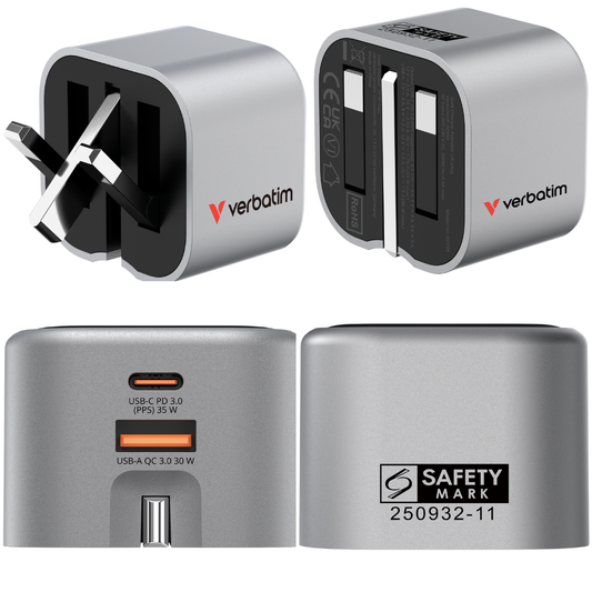 Verbatim GCF35 35W GaN Charger | Dual Port USB-C PD 3.0 & USB-A QC 3.0 | Ultra-Compact Foldable UK Plug | PPS Super Fast Charging for Phones & Tablets - Buy Now!