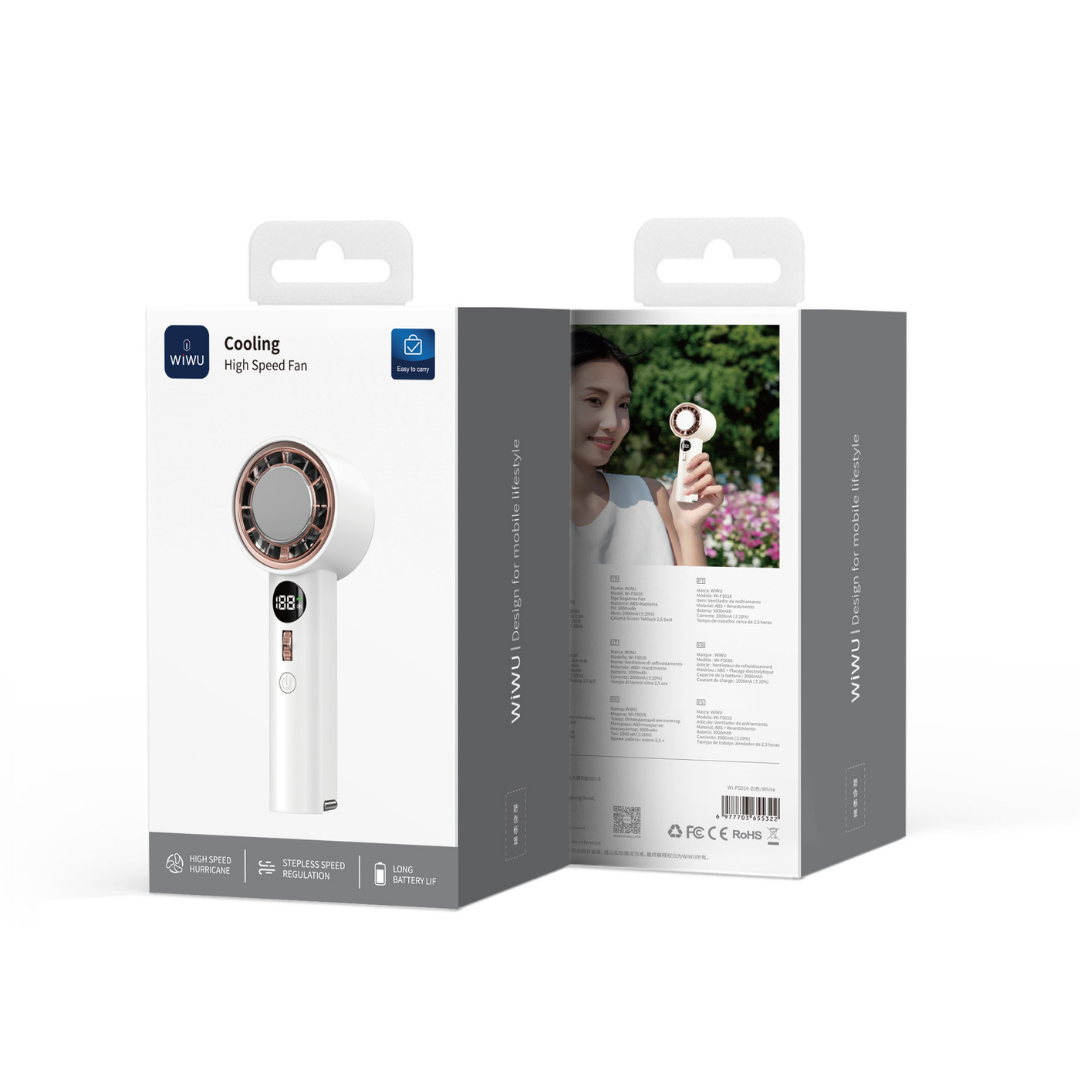 WiWU Cooling High Speed Fan retail packaging, featuring a bladeless portable fan with digital display, stepless speed regulation, and long battery life. Box shows product image and a woman using the fan outdoors, highlighting its easy-to-carry design for mobile lifestyles. Perfect for personal cooling and travel.