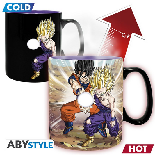 ABYstyle Dragon Ball Z heat change mug featuring Gohan and Goku performing the father-son Kamehameha, with color-changing design that reveals the full battle scene when hot liquid is added.