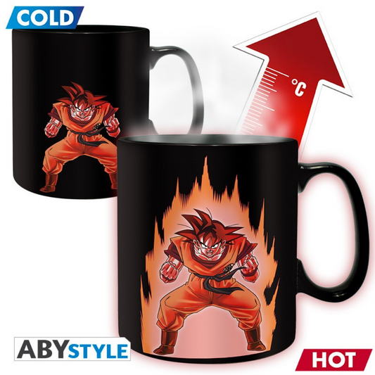 ABYstyle Dragon Ball Z heat change mug featuring Goku and Kame kanji symbol, showing transformation from standard design when cold to glowing energy aura and Shenron dragon when hot liquid is added.