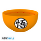Reverse side of ABYstyle Dragon Ball Z orange stoneware bowl featuring Goku’s kanji symbol in black on a white circle, with red star and geometric pattern on the inner rim, 600ml capacity, official anime merchandise.