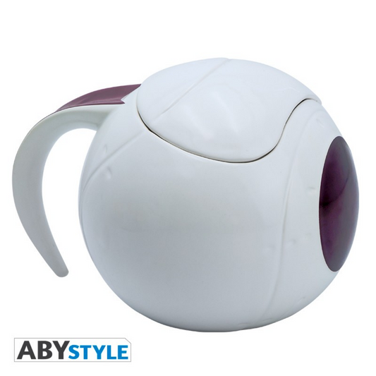ABYstyle Dragon Ball Z 3D ceramic mug shaped like Vegeta’s Saiyan spaceship pod, white with purple details, official anime merchandise for fans and collectors.
