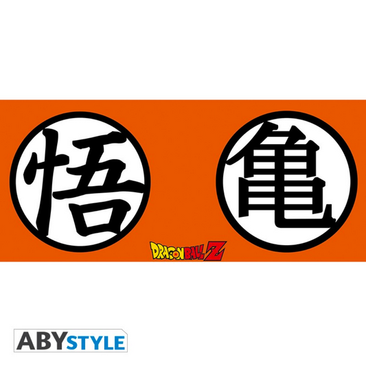 Dragon Ball Z ABYstyle orange mug design featuring Goku’s “Go” and “Kame” kanji symbols in black circles, official anime merchandise logo in center.