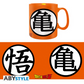 Dragon Ball Z ABYstyle orange mug featuring large black “Kame” and “Go” kanji symbols from Goku’s outfit, official anime merchandise with Dragon Ball Z and ABYstyle logos.