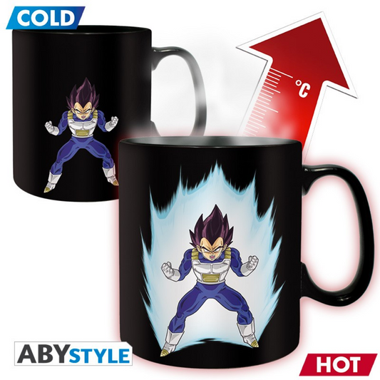 ABYstyle Dragon Ball Z heat change mug featuring Vegeta; design transforms from plain to Vegeta with glowing blue energy aura when hot liquid is added, official anime merchandise.