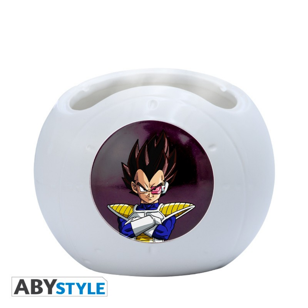 ABYstyle Dragon Ball Z 3D ceramic mug shaped like Vegeta’s Saiyan space pod, featuring Vegeta’s character artwork on the front, official anime merchandise.