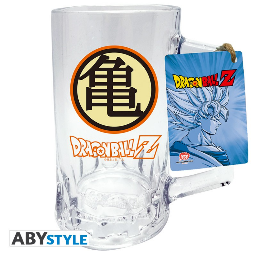 Dragon Ball Z tankard glass with Kame symbol and Dragon Ball Z logo by ABYstyle, includes official tag and clear handle.