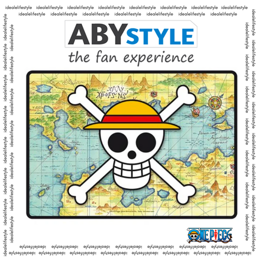 One Piece ABYstyle gaming mousepad featuring Straw Hat Pirates jolly roger logo on Grand Line world map background, official anime merchandise for fans and gamers.