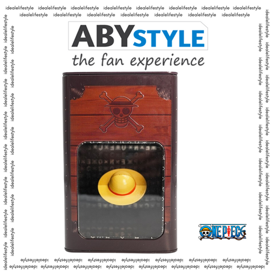 Cover image of a One Piece-themed money bank with a small straw hat design on the front and a skull imprint on the top, perfect for fans and collectors.